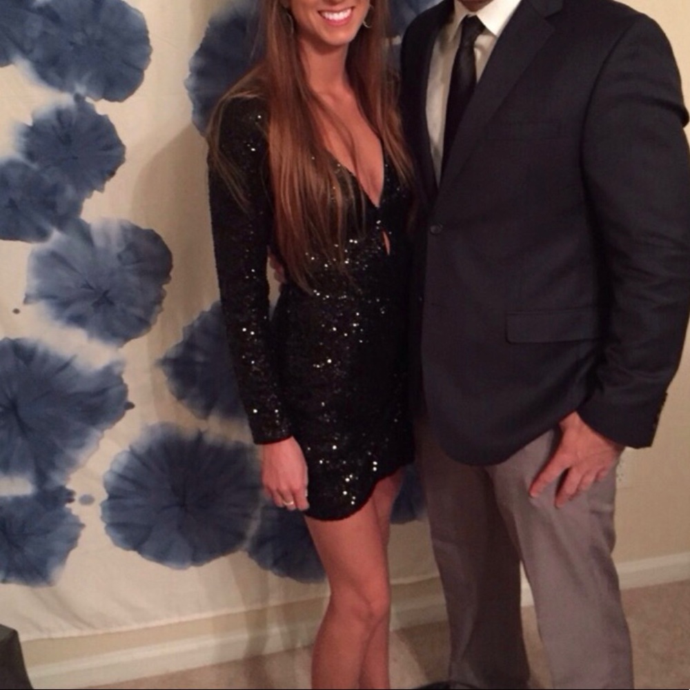 NYE Sparkly Black Sequin Long Sleeve Low Cut Dress